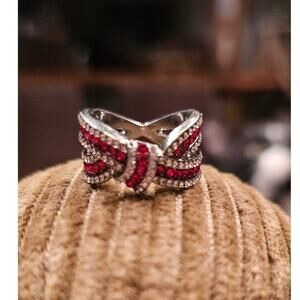 Vintage Red and Clear Rhinestone Cocktail Ring, size 7.5